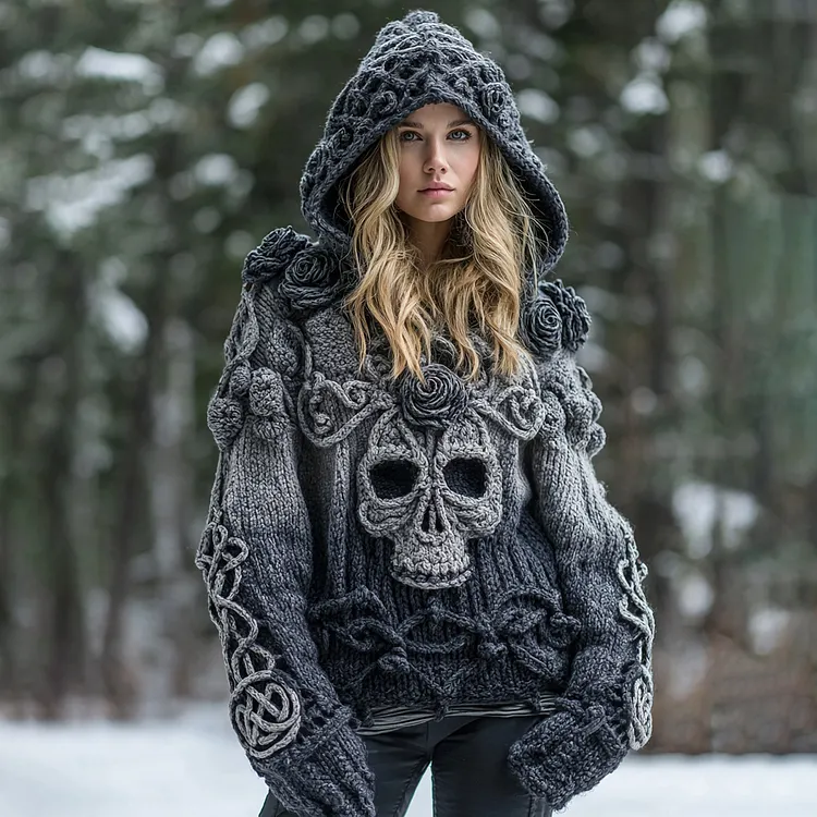 Women's Rose Skull Jacquard Chunky Knit Ombre Hooded Sweater