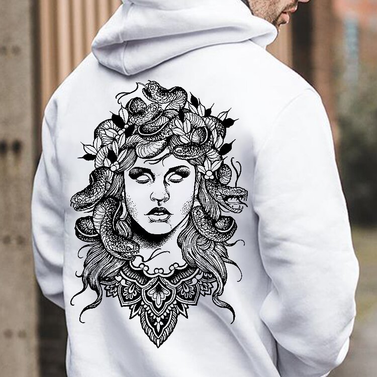 All-match White Medusa Printed Men's Hoodie - Krazyskull