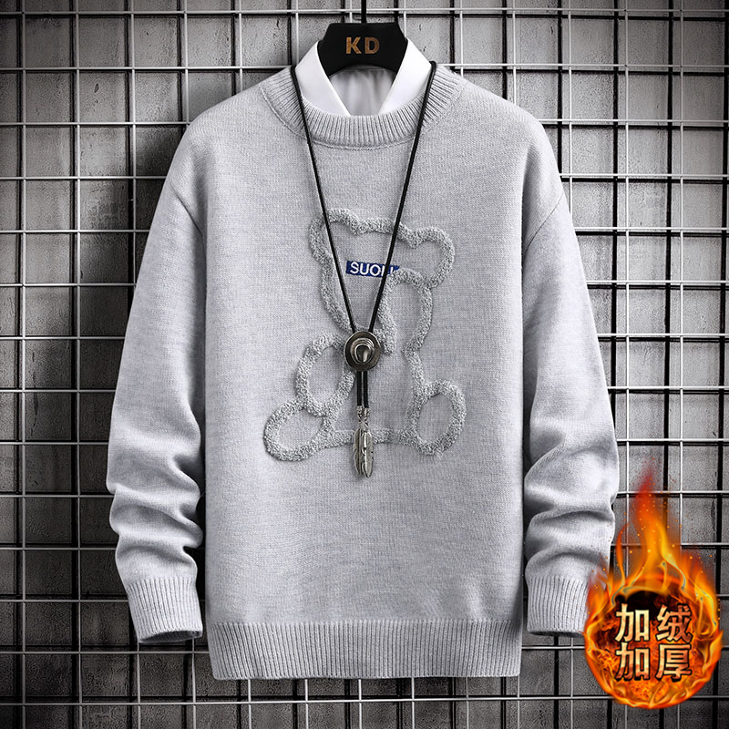 Mens Winter Thicken Fleece Warm Sweater Mens Fashion Casual Round Neck Bear Print Knitted Pullover Street Outdoor Sweatshirt 4XL