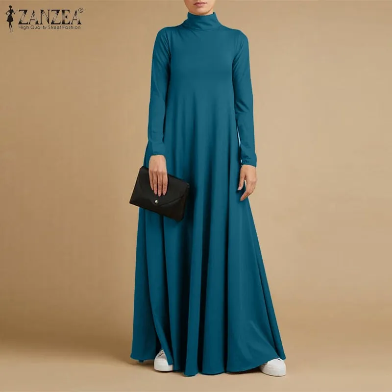 Autumn Turtleneck Long Sleeve Sundress Fashion Women Maxi Long Dress Baggy ZANZEA Elegant Solid Casual Vestido Kaftan Robe Femme