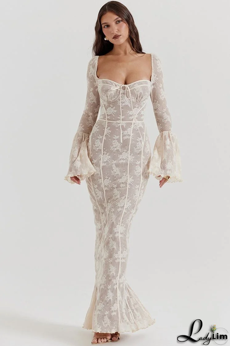 Vintage Bow Tie Pleated Floral Lace Fishtail Evening Maxi Dress - Cream