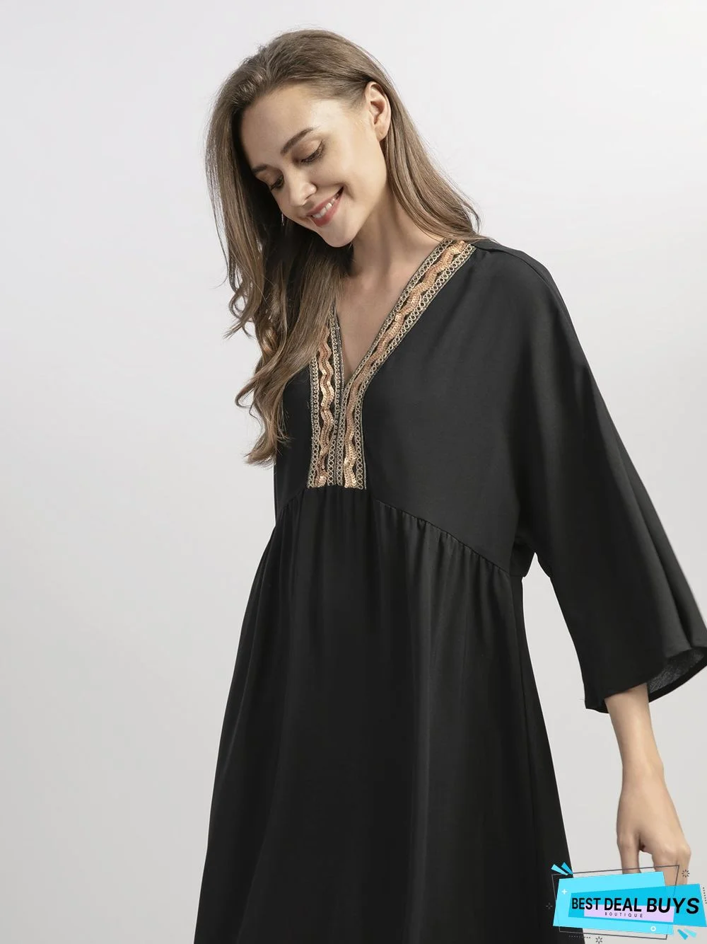 Appliqued Casual A-Line 3/4 Sleeve Weaving Dress