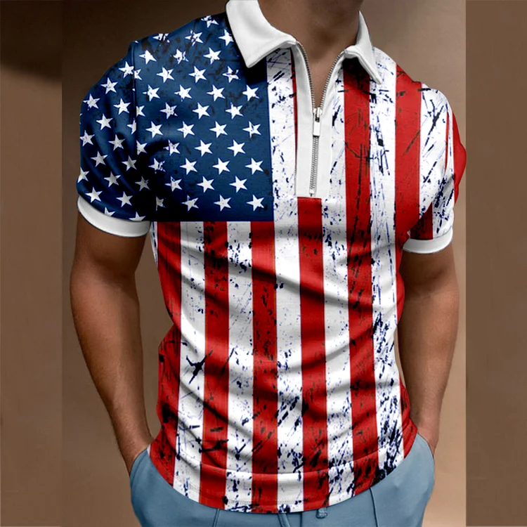 Stars and Stripes Print Summer Zipper Short Sleeve Men's Polo Shirts at Hiphopee