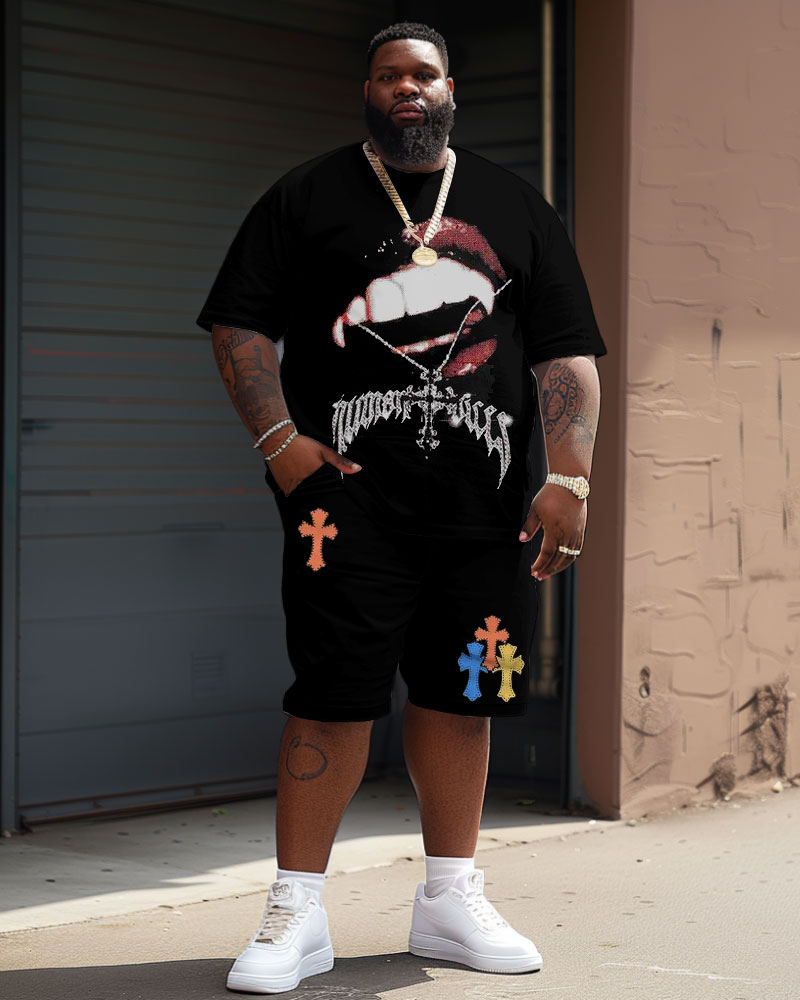 Men's Plus Size Rock Mouth Cross T-Shirt Shorts Suit