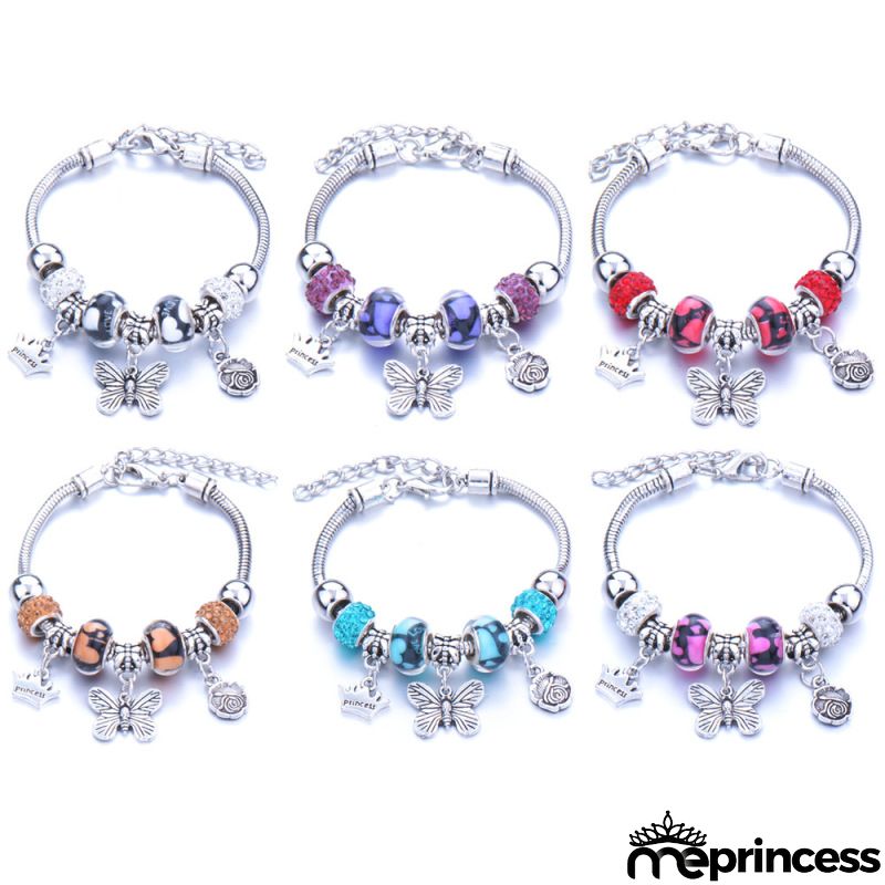 Women Fashion Rhinestone Butterfly Crown Pendant Beaded Bracelet