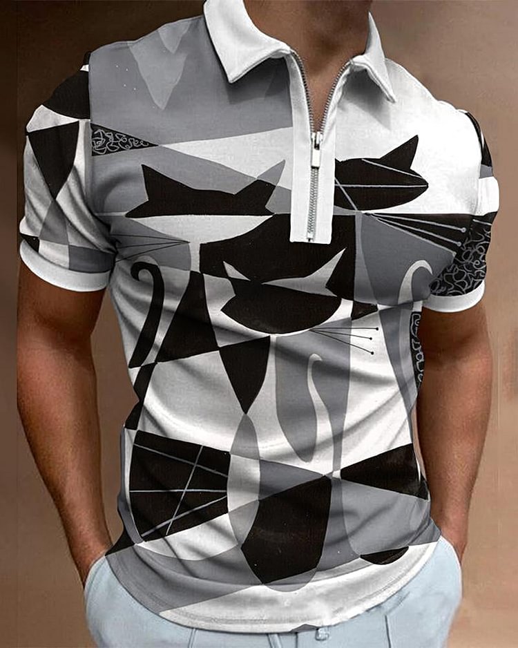 Fashion Black and white casual cat printed polo shirt