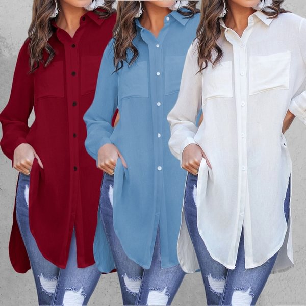 Plus Size Tops New Fashion Women’s Blouse Long Sleeve Lapel Collar With Pocket Shirt Pure Color Irregular Hem Button - Shop Trendy Women's Fashion | TeeYours