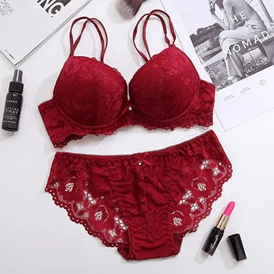 DERUILADY Lace Floral Lingerie Set Push Up Bra Women Comfort Adjusted Bra And Panty Set Sexy Backless Wireless Underwear Set
