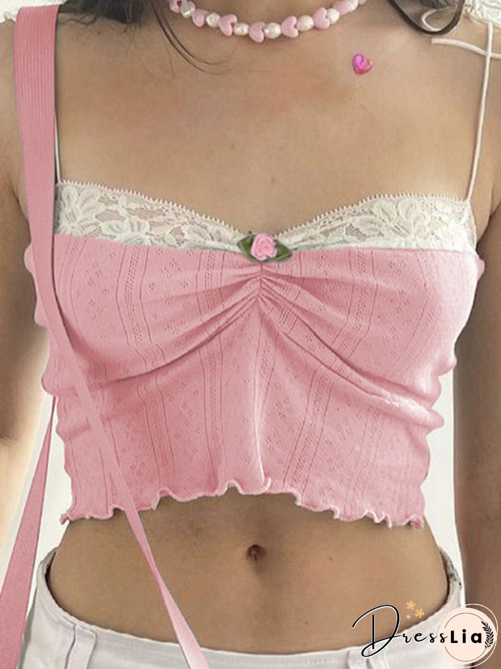 Lace Patchwork Y2K Camisole Sexy Spaghetti Strap Chic Cropped Women Outfits Aesthetic 90S Slim Folds Floral Shirts