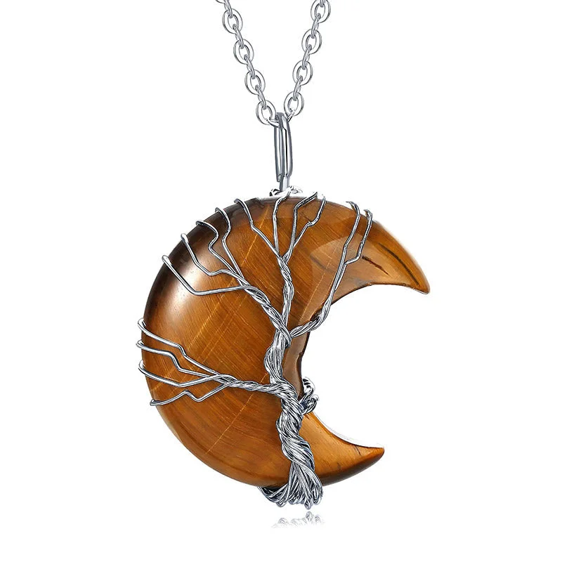 Natural Quartz Crystal Moon Tree Of Life Healing Energy Necklace Pendant
