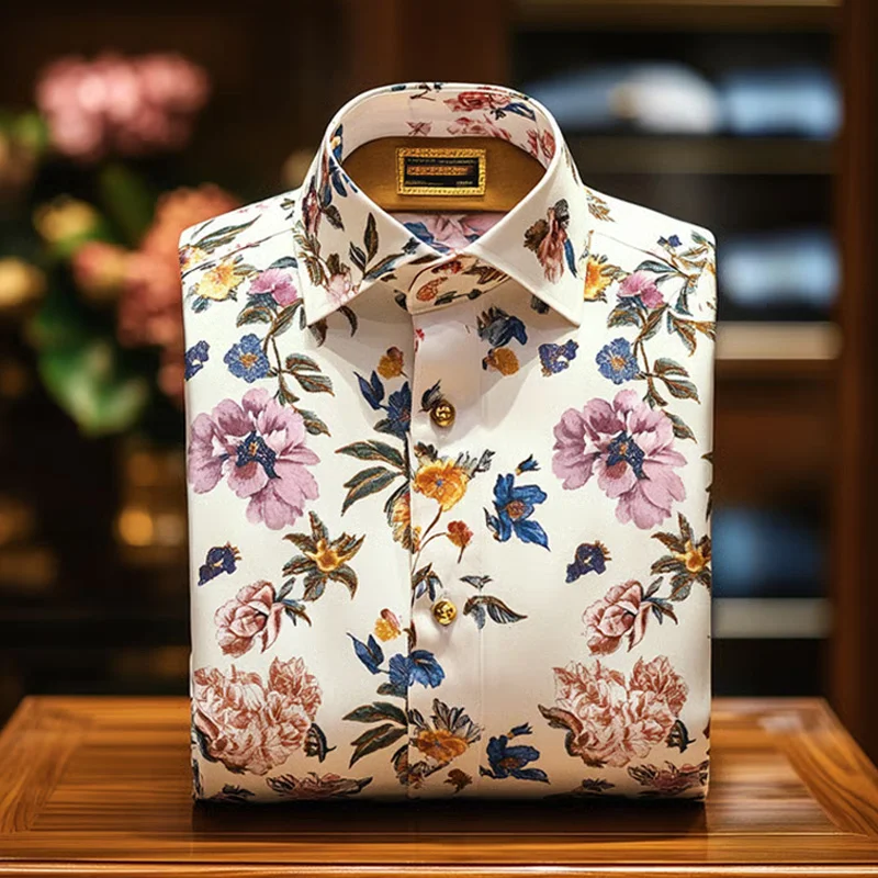 Men's Business Casual Floral Print Long Sleeve Polo Shirt