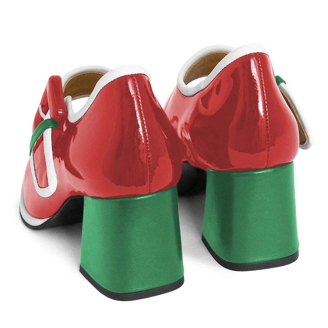 Patent Leather Closed Toe Block Heel Mary Jane Red Pumps with Buckle