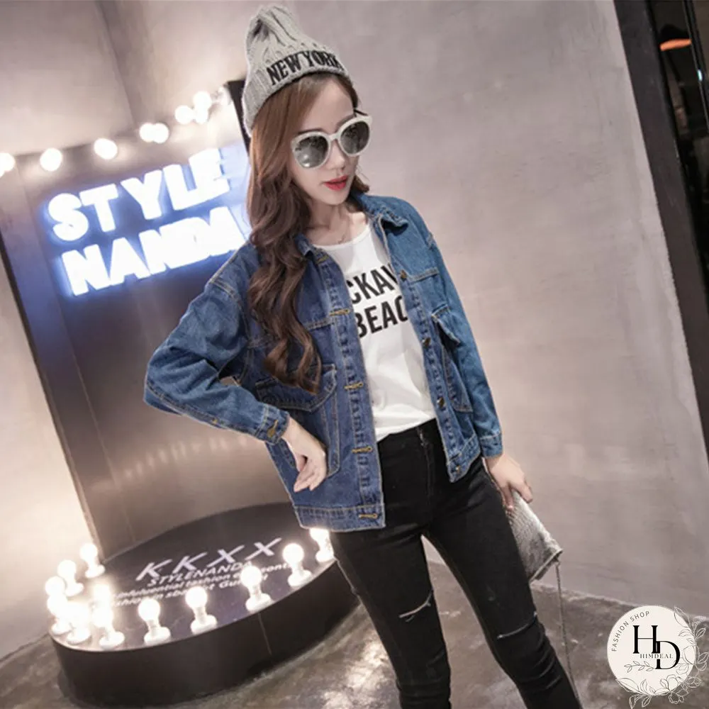 Spring Autumn Korean Style Denim Jacket Women Turn-Down Collar Long Sleeve Button Tops