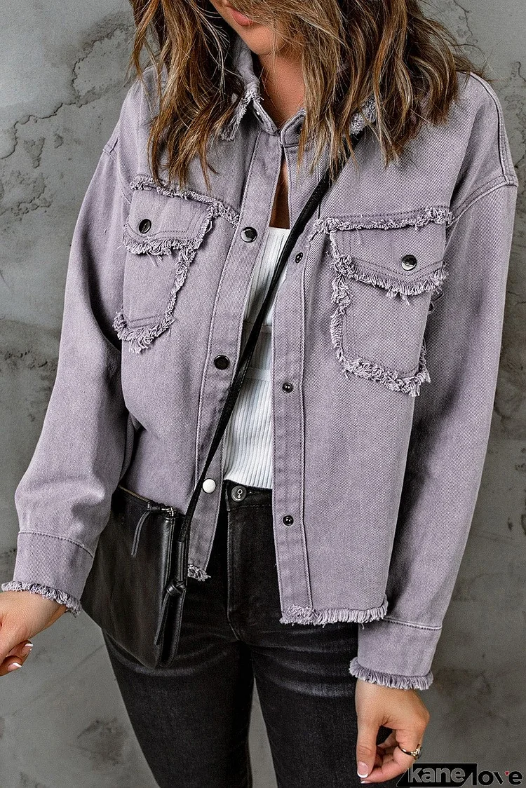 Distressed Flap Pockets Frayed Hemline Denim Jacket