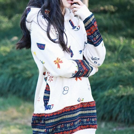 Beige/Navy Mori Girl Cutie Patterns Hoodied Sweater SP154316