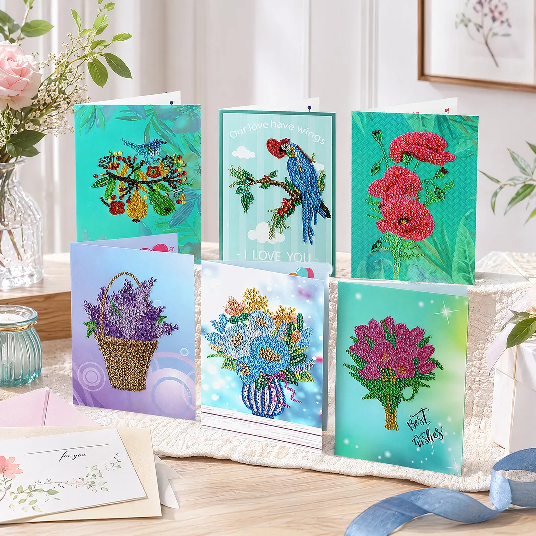 6pcs Flowers and Birds DIY Diamond Painting Greeting Card Kits with Envelopes Diamond Art Greeting Cards Diamond Art Cards Kits for Adults DIY Crafts Family Friend Gifts