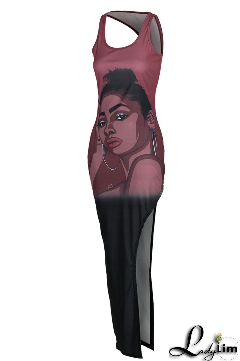 Orange Sexy Print Split Joint Slit O Neck Straight Dresses