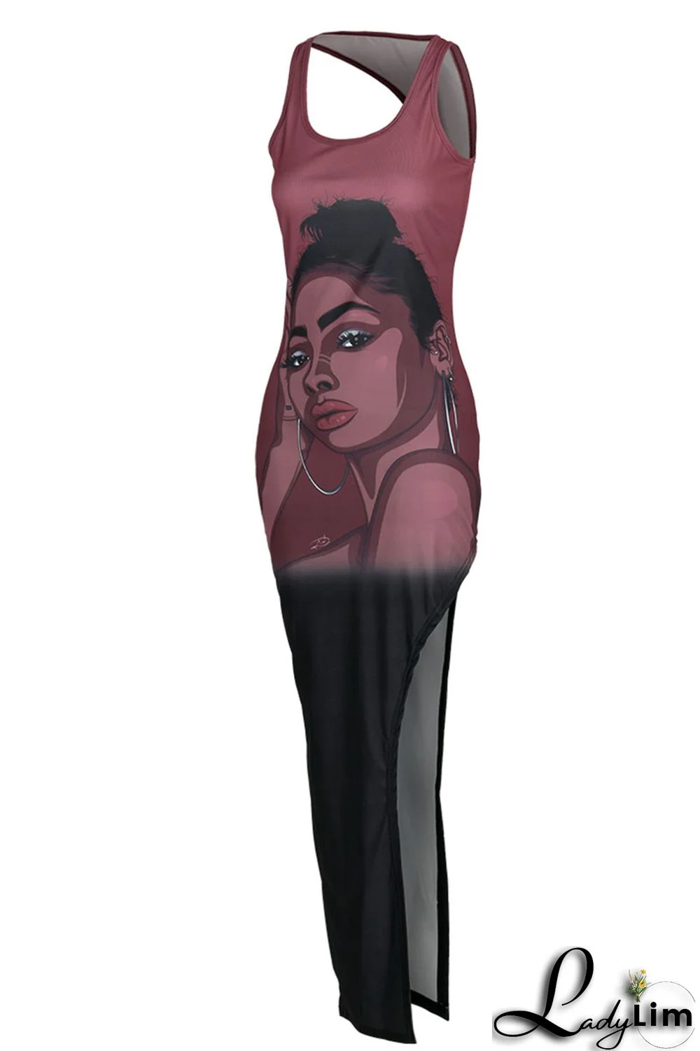 Orange Sexy Print Split Joint Slit O Neck Straight Dresses