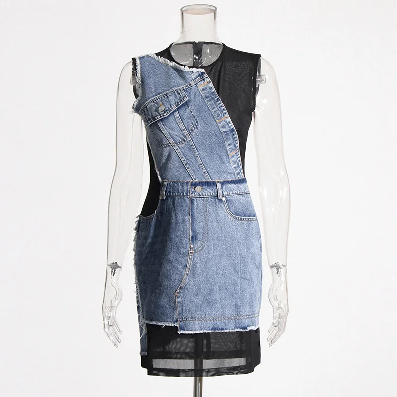 Zingj Trend-Collyed Denim Dress 2025 Summer New Mesh Spliced Sleeveless Round Collar Short Fashion Dress Woman