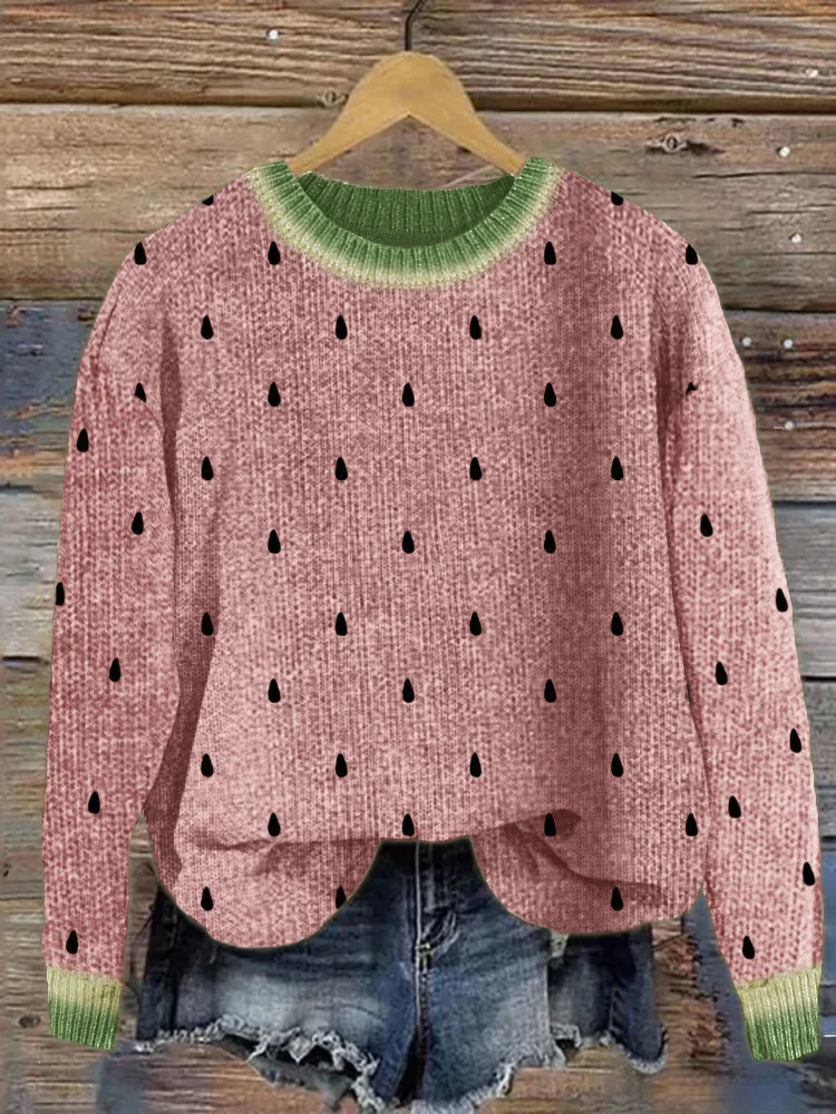 Comstylish Watermelon Inspired Polka Dots Cozy Knit Sweater