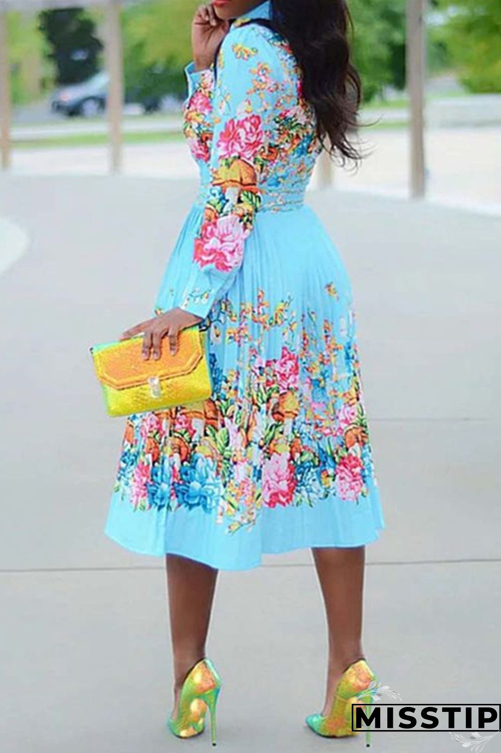 Light Blue Fashion Sexy Regular Sleeve Long Sleeve Turndown Collar Pleated Knee Length Print Dresses