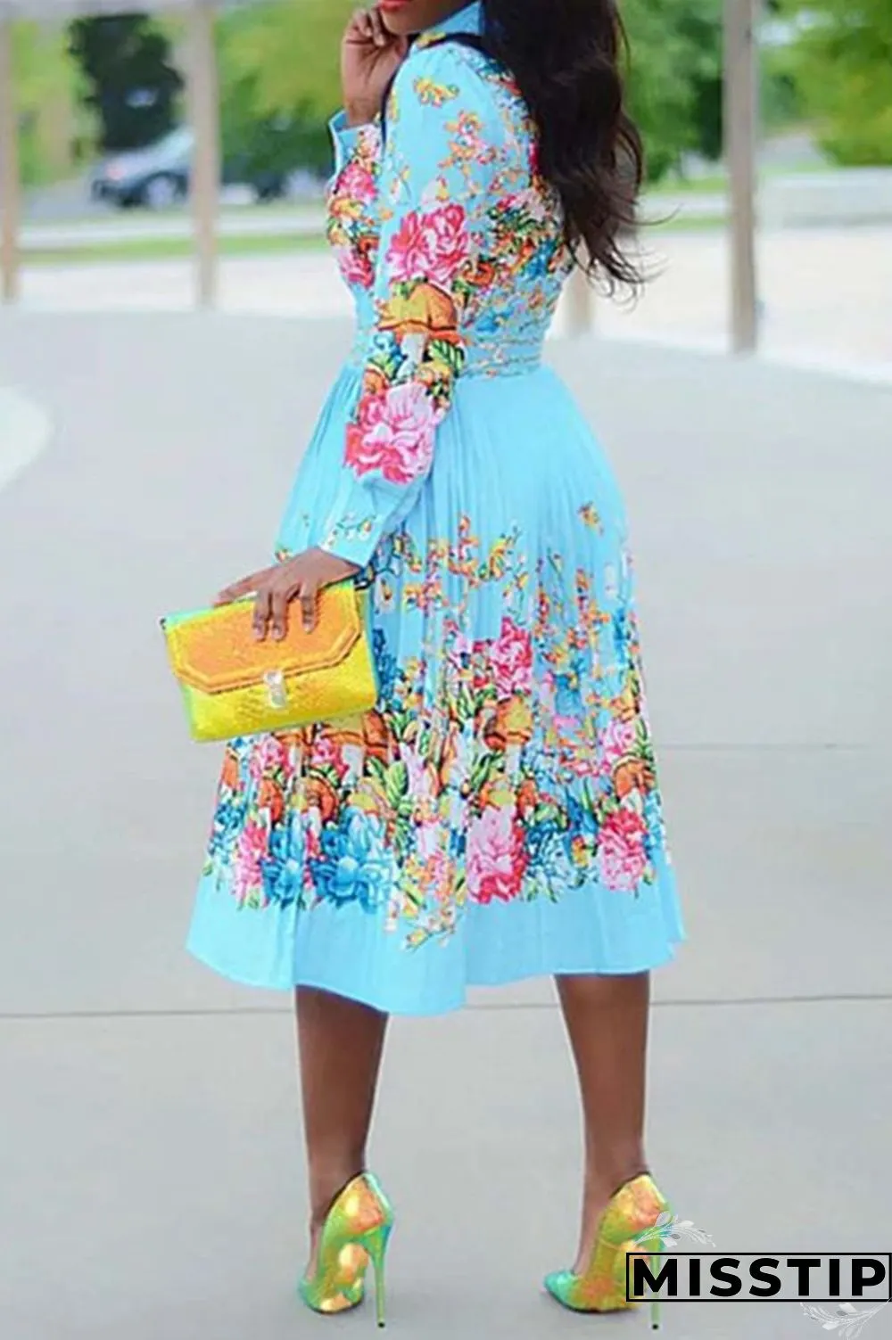 Light Blue Fashion Sexy Regular Sleeve Long Sleeve Turndown Collar Pleated Knee Length Print Dresses