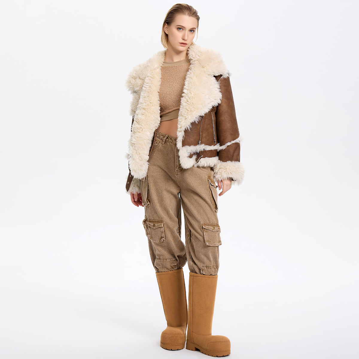 Faux Suede Platform Fuzzy Snow Boots Round Toe Hippy Winter Boots Slip On Knee High Chunky Heel Fur Tall Boots-MERUMOTE