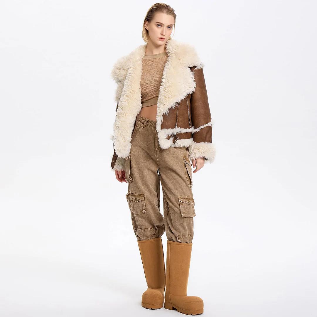 Faux Suede Platform Fuzzy Snow Boots Round Toe Hippy Winter Boots Slip On Knee High Chunky Heel Fur Tall Boots-MERUMOTE