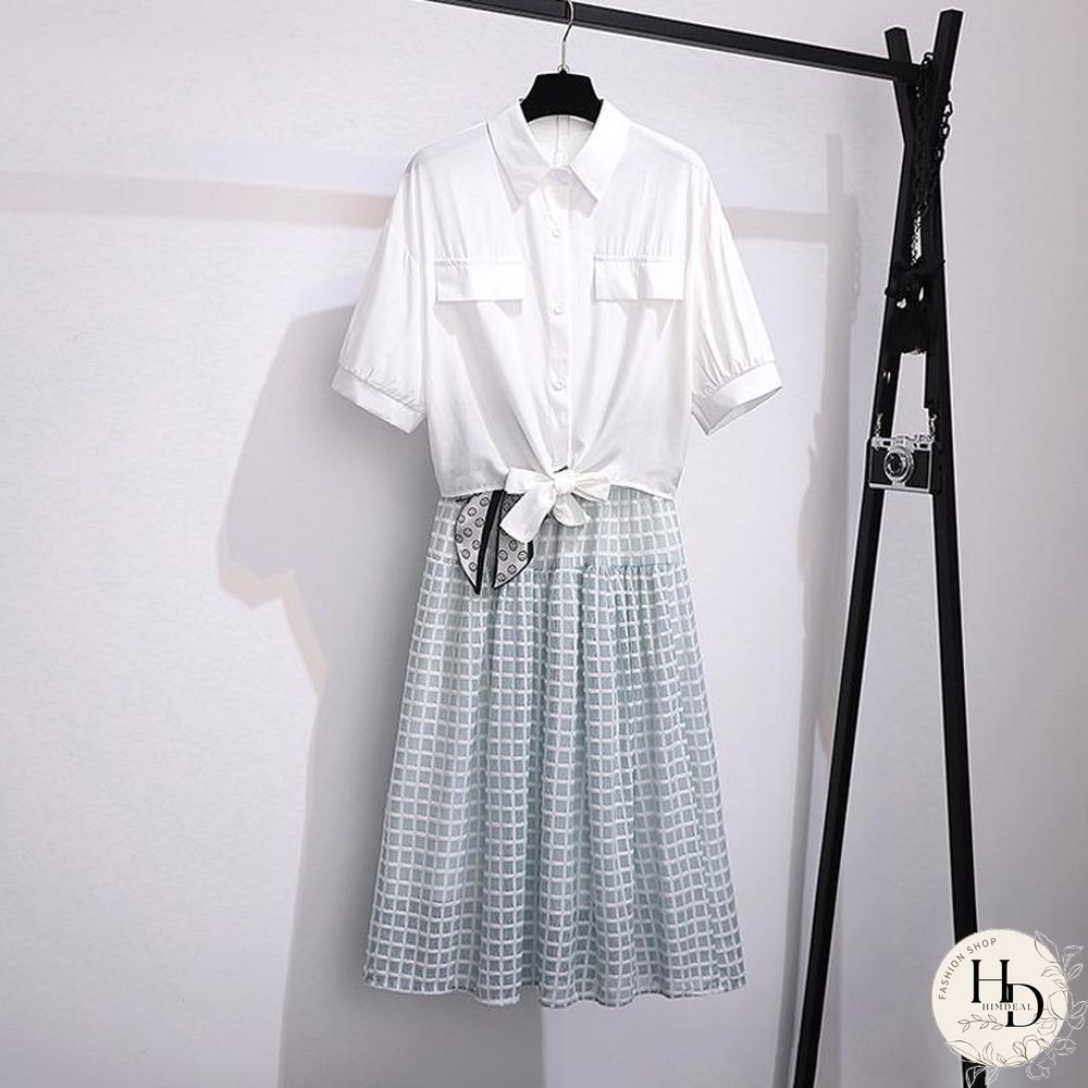 Basic Lace-Up Blouse+Plaid Skirt P10121