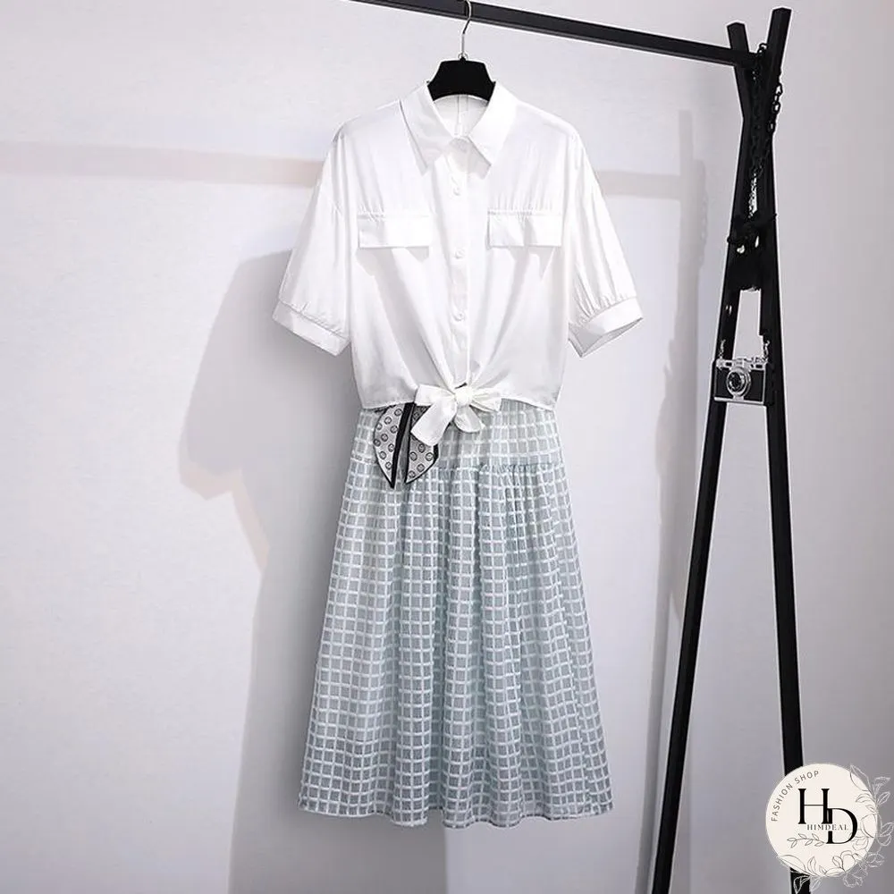 Basic Lace-Up Blouse+Plaid Skirt P10121