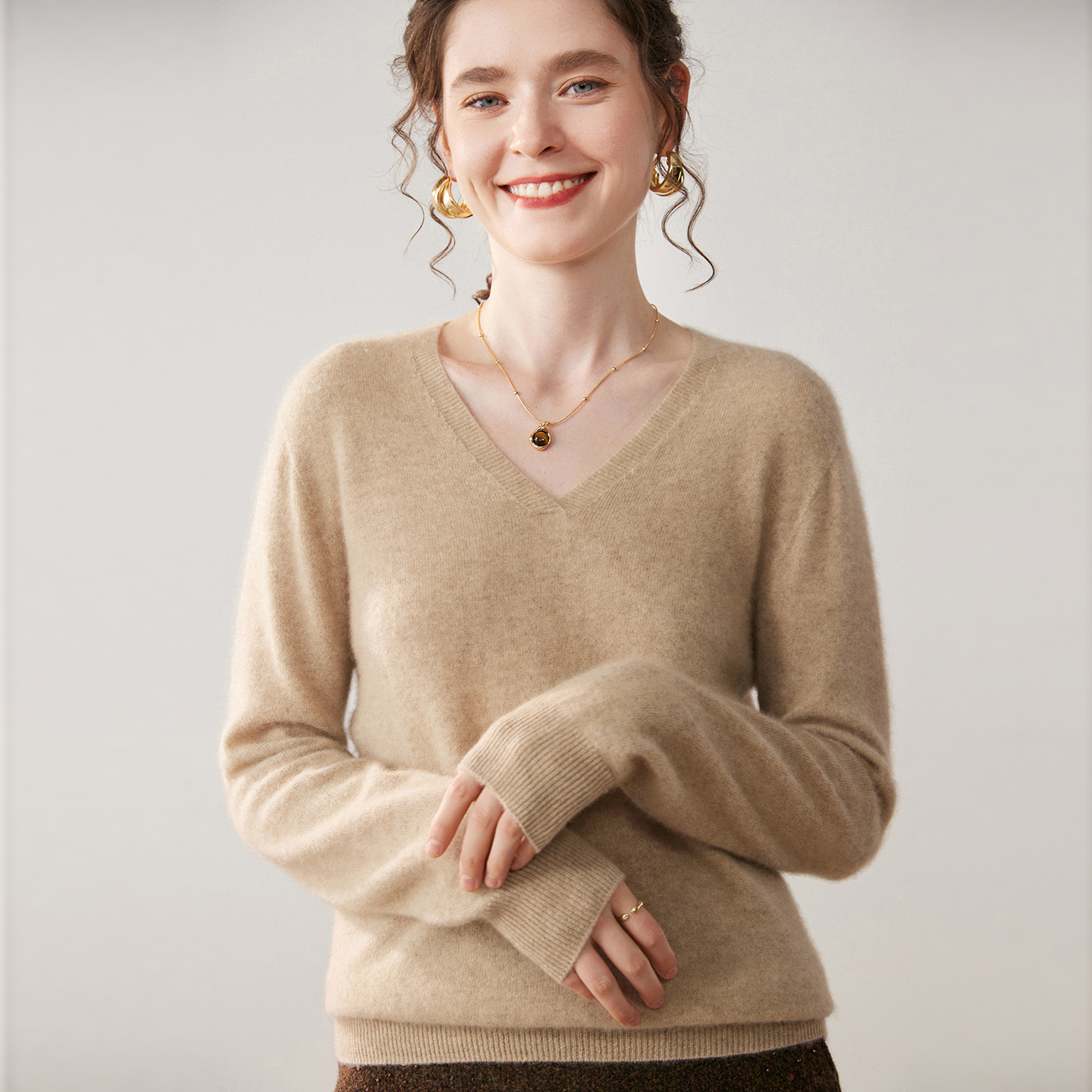 Women's V-Neck Cashmere Sweater Essential Knit Top REAL SILK LIFE