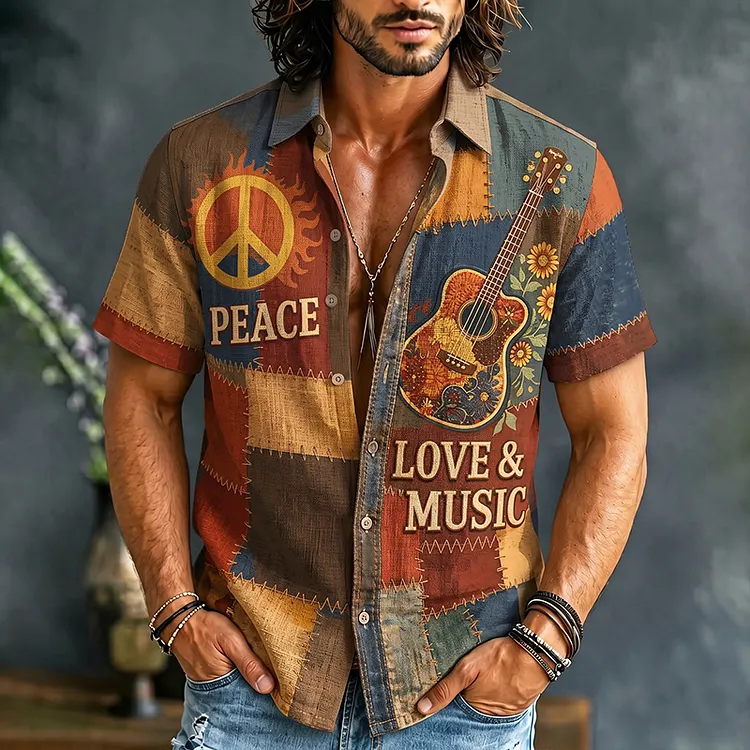 Men's Hippie Peace Love Music Patchwork Print Short Sleeve Shirt
