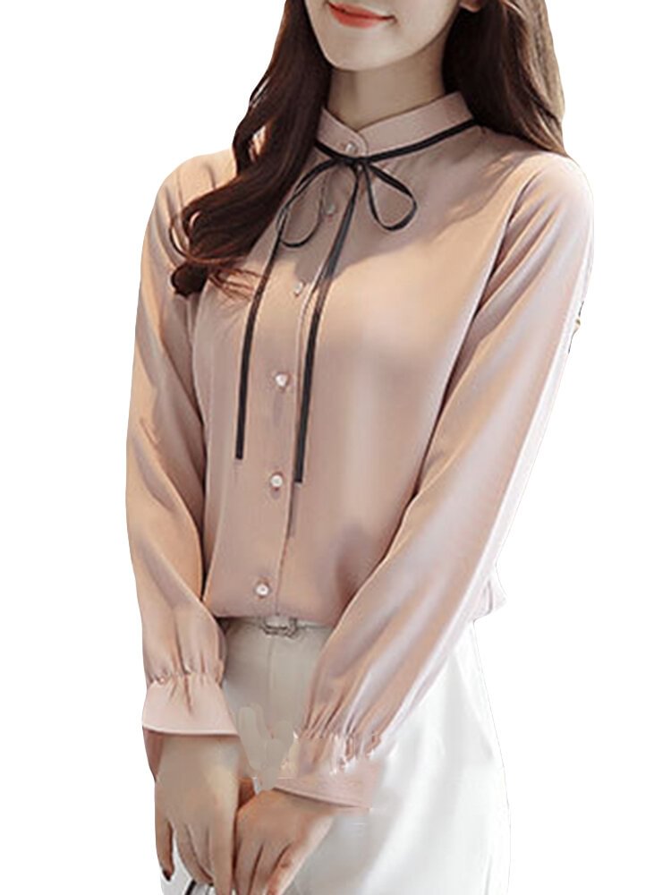 Chiffon Long Sleeve Solid Color Stand Collar Shirts P1345384