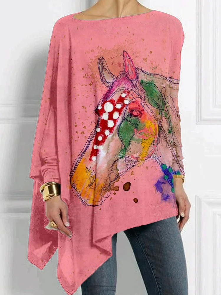 Comstylish Colorful Horse Art Bat Sleeve Comfy T Shirt