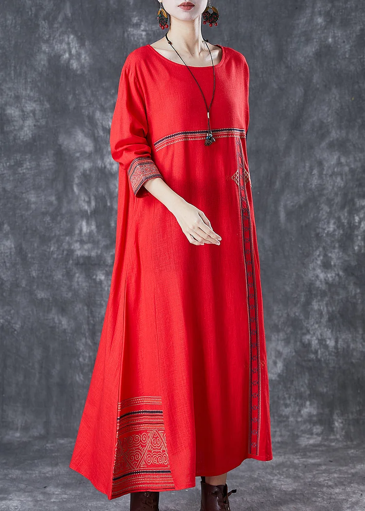 Red Patchwork Linen Maxi Dresses Embroideried Spring