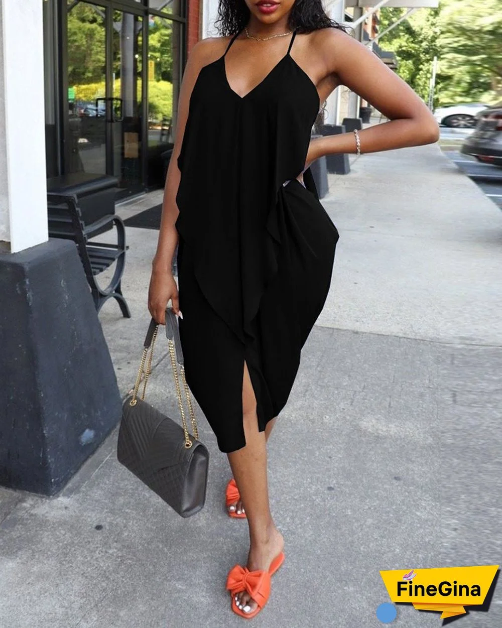 Ruffles Halter Sleeveless Slit Casual Dress