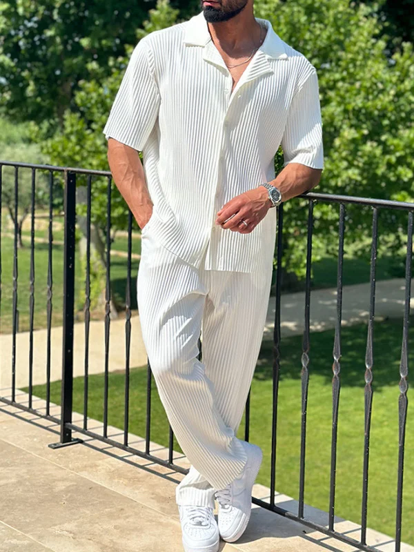 Men's Casual Plain Pleated Short Sleeve Shirt Pants Matching Set