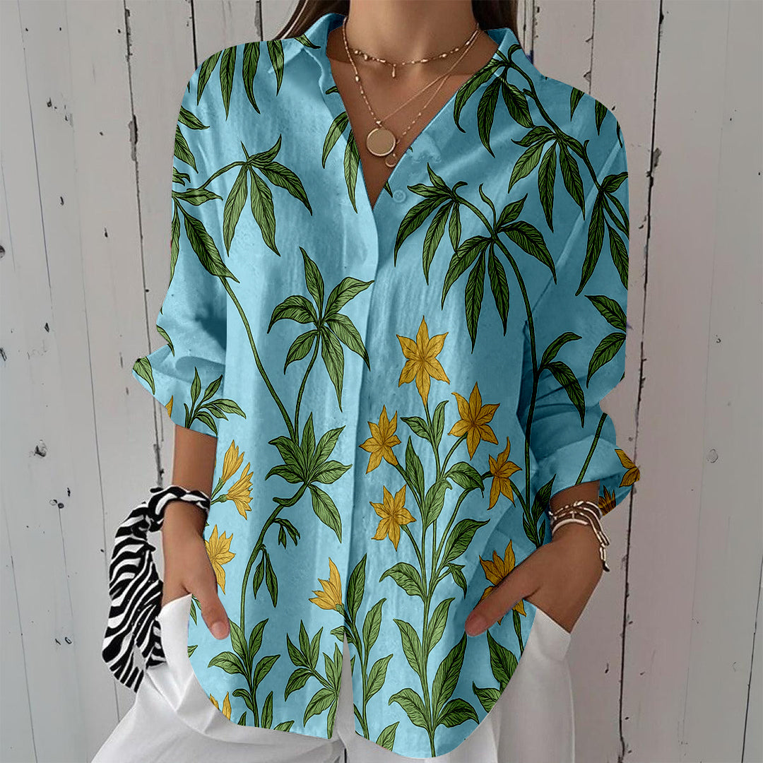 Women Long Sleeve V-neck Graphic Floral Printed Top
