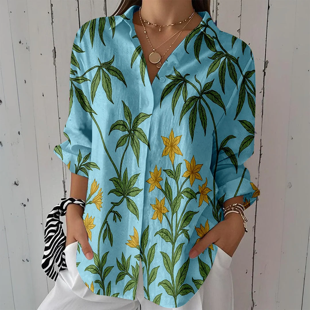 Style & Comfort for Mature Women Women Flowers, Blue, Green DZCL0372 3/4 Sleeve Shirt Collar Printed Button Tops