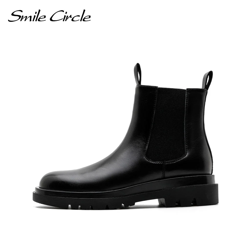 Smile Circle Chelsea Boots Ankle Boots Women Cow Leather Autumn Fashion Slip-On Platform Boots Round toe Booties femme