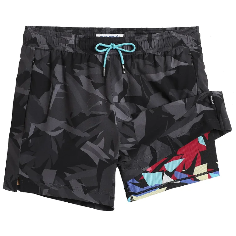 5.5 Inseam 2 in 1 Stretch Short Liner Grey Printed Swim Shorts