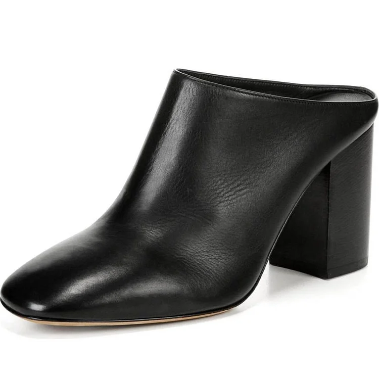 Women's Black Square Toe Block Heels Mules Shoes |FSJ Shoes
