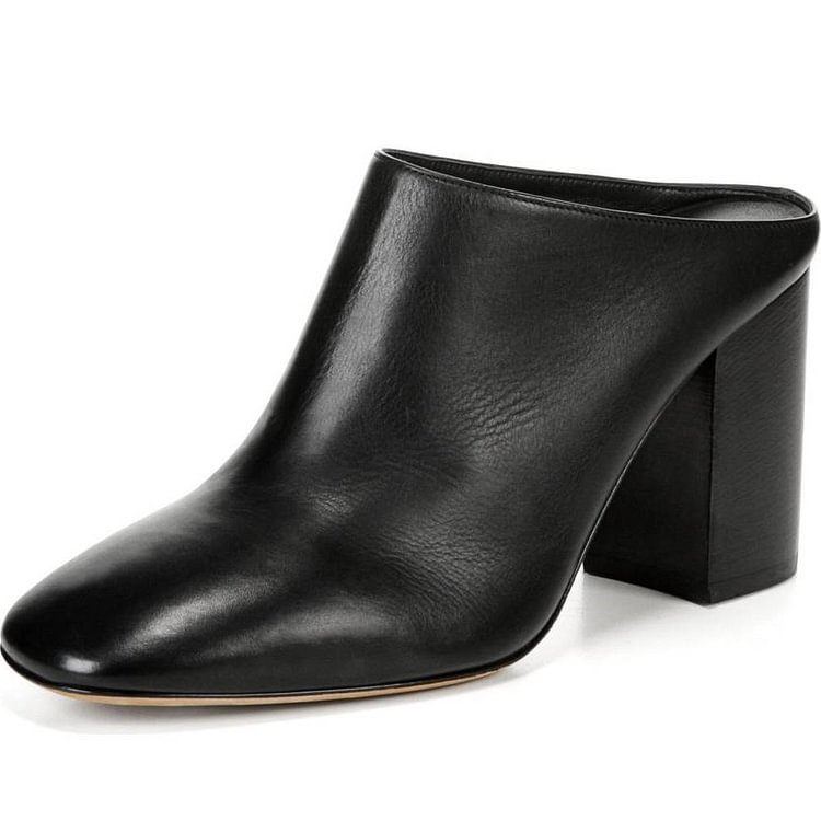 Women's Black Block Heels Mule Square Toe Pumps |FSJ Shoes