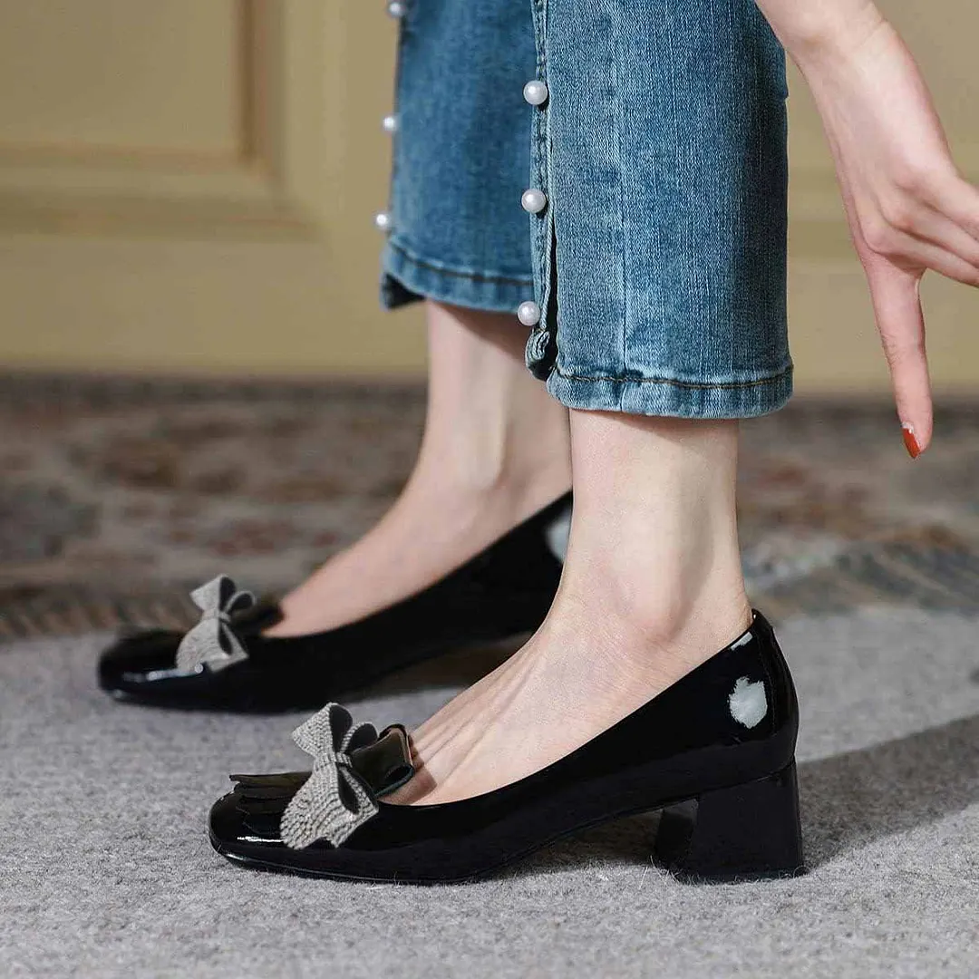 Rhinestone Bow Square Toe Chunky Heel Fringe Black Pumps for Women