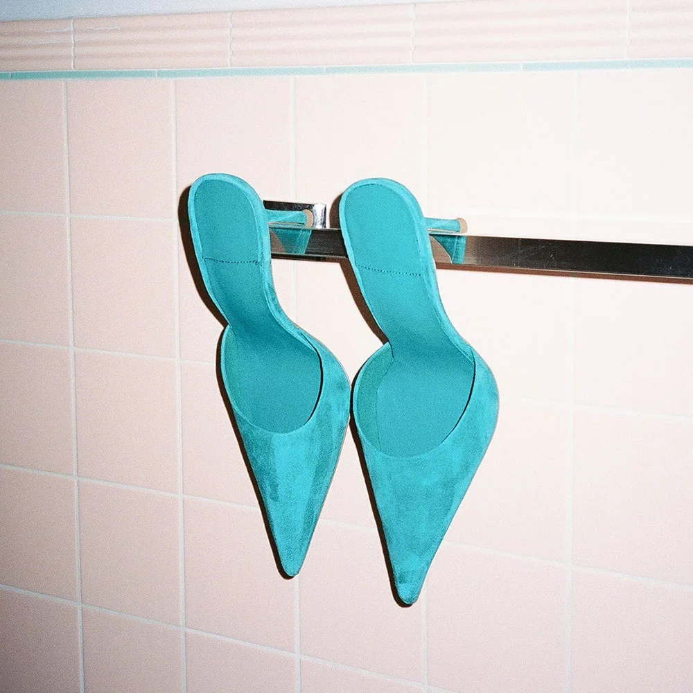 Teal Vegan Suede Pointed Toe Slip-On Stiletto Heeled Mules