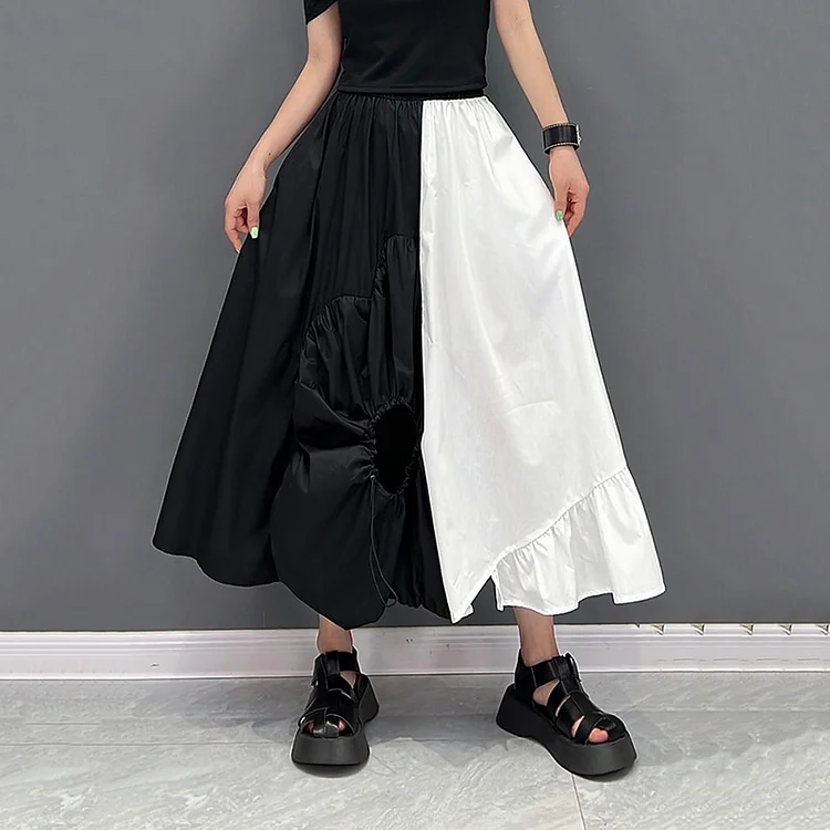 Contrast Color Asymmetrical Patchwork Drawstring Patchwork Skirt