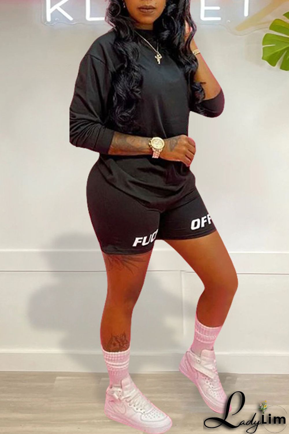 Tangerine Red Casual Print Split Joint O Neck Long Sleeve Two Pieces