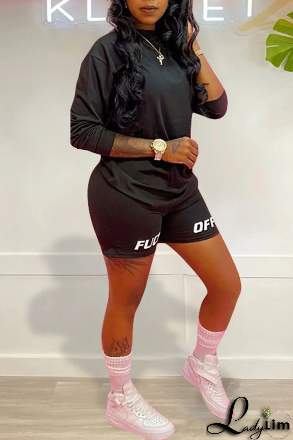 Tangerine Red Casual Print Split Joint O Neck Long Sleeve Two Pieces