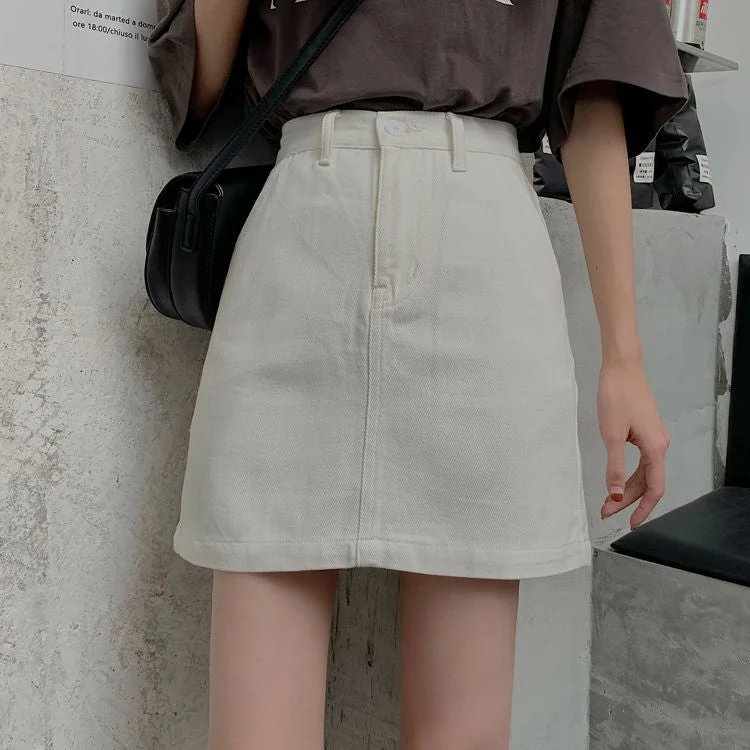 Skirts Women Denim High-waist Solid A-line Hip-skirt Slim Korean-style Students Preppy-style Casual Streetwear Candy-color Chic
