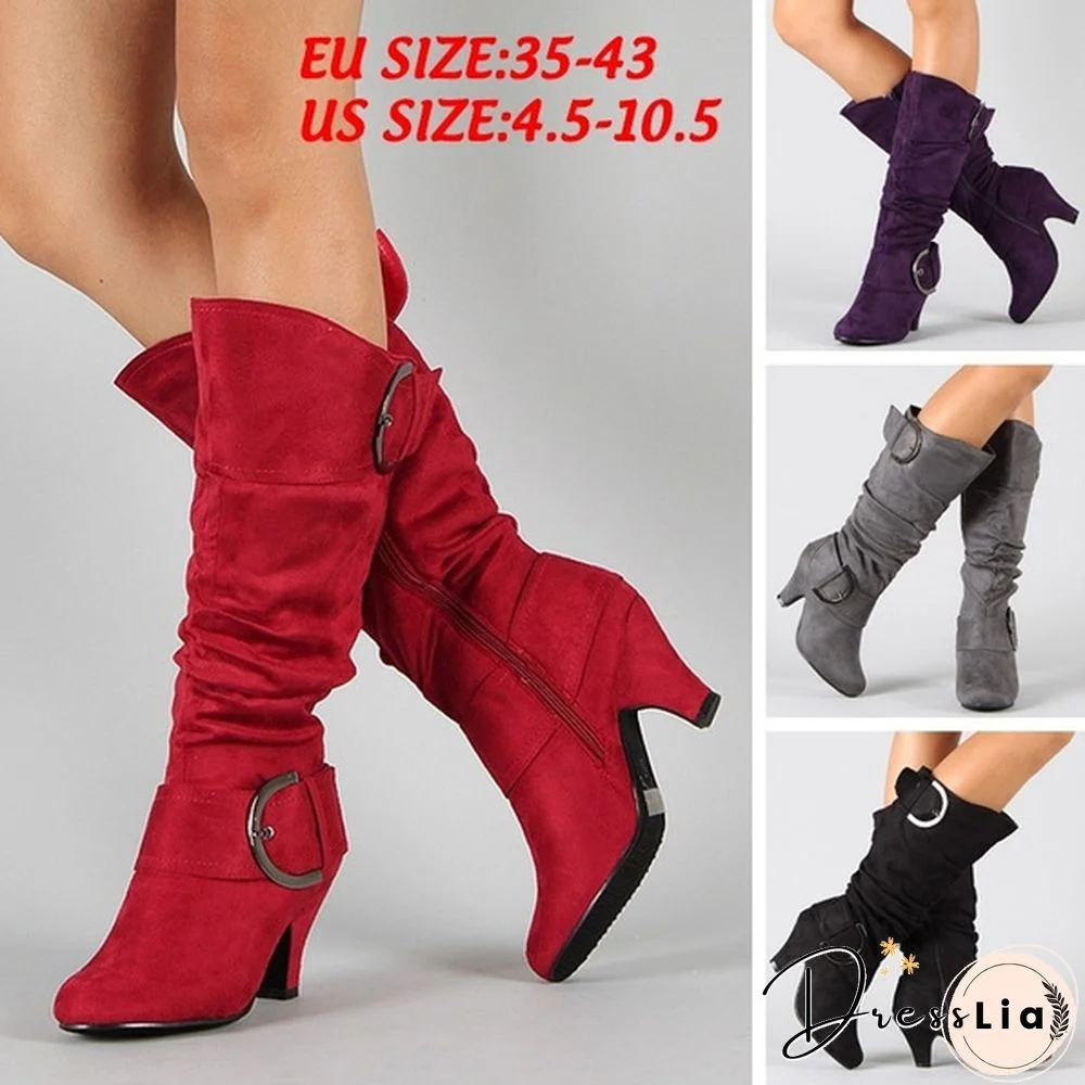 New Fashion Women Suede Knee High Boots Sexy Vintage Low Heel Boots Spring Autumn Buckle Shoes Casual Winter Pumps 34-43